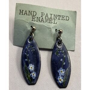 Vtg Porcelain Hand Painted Blue 'Forget me Not' Flowers Leaves Pierced Earrings